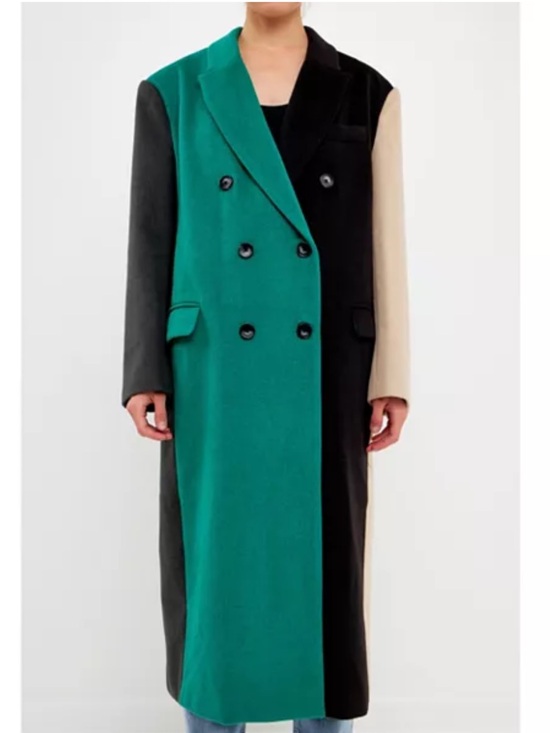 English Factory Jackets & Blazers - English Factory Colorblock Wool Blend Long Coat Green Black Cream S